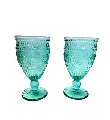 Pioneer Woman Set of 2 Adeline 6.5x3.5” Turquoise Teal Glass Footed Goblets - Image 1 of 4