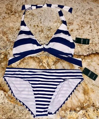 Traje de baño bikini halter blanco marino a rayas elegante Ralph Lauren NUEVO para mujer talla 14 Foto 1 de 4