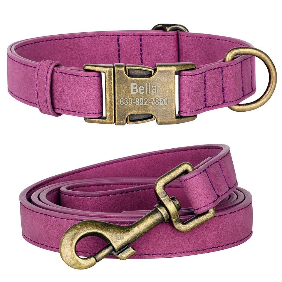 Personalized PU Leather Dog Collar and Leash set Brass Buckle Name ID Engraved - Image 1 of 4