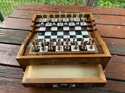 Handmade Wooden Chess Set with Metal Pieces | Drawer Board | Unique Design Gift - Image 1 of 4