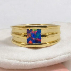Black Opal Square Cut With 925 Sterling Silver Gold Plated Ring For Men's #799 - Picture 1 of 6