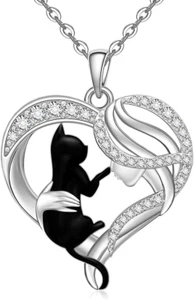 Black Cat Necklace for Women 925 Sterling Silver Heart Cat Pendant Jewelry Gifts - Picture 1 of 9