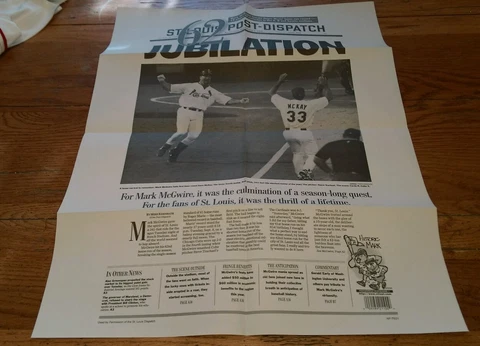 1998 St. Louis Post Dispatch Mark McGwire Breaks Roger Maris HR record poster Cover
