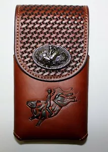 7" BULL RIDER RODEO WESTERN LEATHER POUCH BELT LOOP CELL PHONE CASE UNIVERSAL - Picture 1 of 7