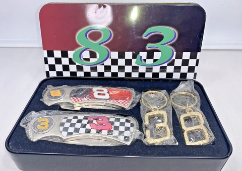 Nascar Dale Earnhardt #3 and Jr #8 Novelty Pocket Knives/ Keychain Tin Box Z331 Cover