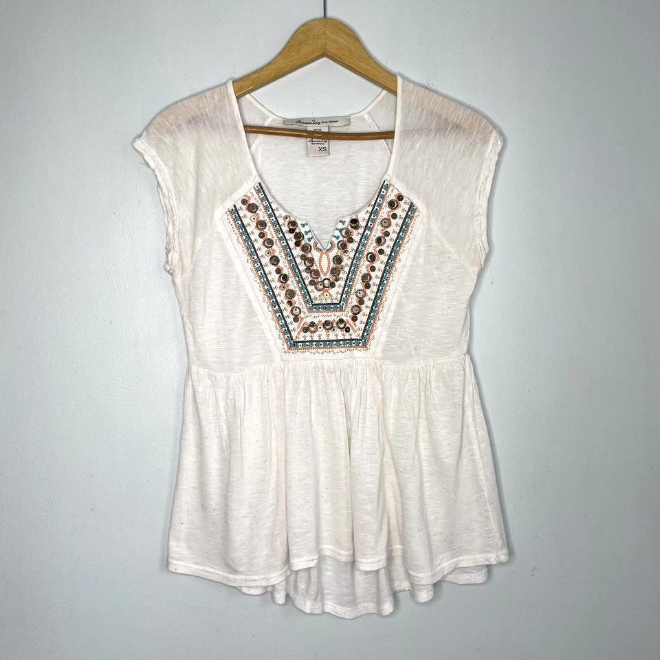 Blusa para mujer American Rag mezcla de lino boho cosida en cruz peplum Burnout XS Foto 1 de 4