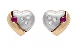10k zweifarbige goldene Herz Ohrringe Rund Rubin & Diamanten Ohrstecker - Bild 1 von 3