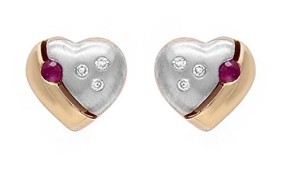 10k Two Tone Gold Heart Earrings Round Ruby & Diamonds Stud Earrings - Image 1 of 3