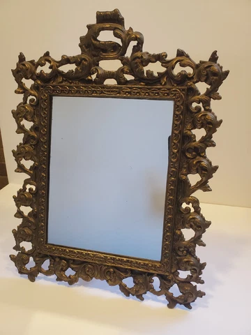 Awesome Vintage Gold Metal Mirror Standing for on a table Ornate 17" x 13" Big Cover