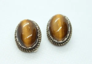 Vintage RRT Tigers Eye Sterling Silver Clip Earrings 925 chatoyant 7 Grams - Picture 1 of 5