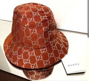 GUCCI Rust Brown PALE GOLD GG LOGO LAME Wool Blend BUCKET FEDORA HAT M - Picture 1 of 4