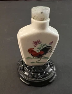 Vtg Porcelain Jade Top Snuff Bottle Double Sided Hand Painted Rooster On Stand - Picture 1 of 7