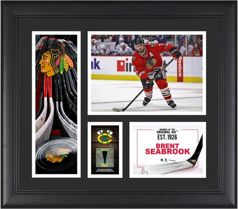 B.Seabrook Blackhawks Framed 15x17 Collage w/Piece of GU Puck Cover