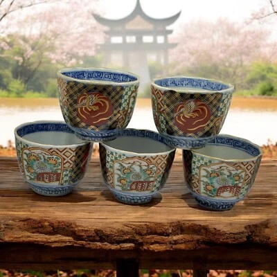 Lot of Five Antique Japanese Imari Hand Painted Small Rice Bowl Cup Gold Guild - Image 1 of 4