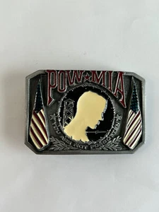 Hebilla de cinturón de tono peltre vintage POW MIA latón bergamota no olvidado - Imagen 1 de 7