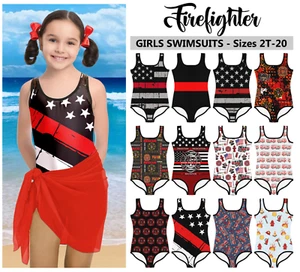 Kids Firefigher Swimsuit #1 - Baby Girl Teens Bathing Suit Fireman Thin Red Line - Picture 1 of 18