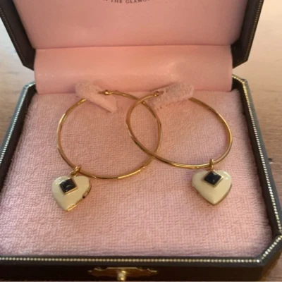 Juicy Couture Pam & Gela Gold Hoop Earrings with White and Navy Heart Locket - Image 1 of 4