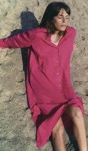 ZARA Leinenmischung Tunika Kleid Gr M 10 12 14 V-Ausschnitt Langarm Lang Midi Länge - Bild 1 von 9