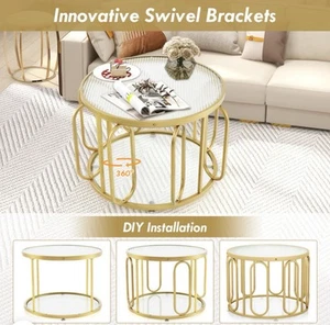 2-Tier 24" Round Coffee Table w/Oval Swivel Brackets & Reeded Tempered Glass Top - Picture 1 of 4