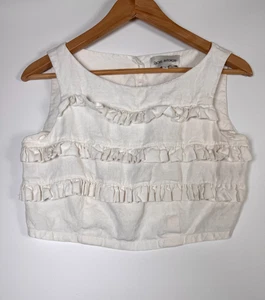 Top Rachel Antonoff Mujer Pequeño Blanco Lino Volantes Corto Sin Mangas Botón Espalda - Imagen 1 de 9