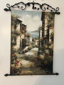 Hierro Forjado Italia Villas Floral Toscana Lienzo Pintado a Mano 34"X 23" Firmado - Imagen 1 de 24