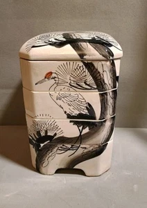 Vintage japanische Porzellan 4 Etagen Bento/ Schmuckschatulle Jubako Kranich Vogel 40er Jahre  - Bild 1 von 23