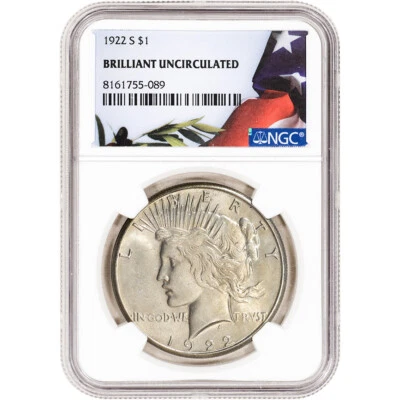 1922 S US Peace Silver Dollar $1 - NGC Brilliant Uncirculated - Image 1 of 4