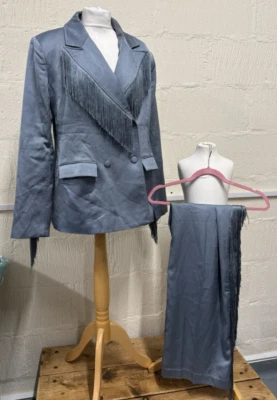 Склад женщин Blazer костюм серебро синий атласная бахрома комплект Великобритании размер 14/16 - Изображение 1 из 4