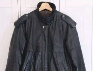 Mens Vintage Leather Jacket Medium Black Bomber Biker Jacket 80s  - Picture 1 of 16