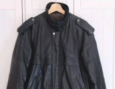 Mens Vintage Leather Jacket Medium Black Bomber Biker Jacket 80s  - Image 1 of 4