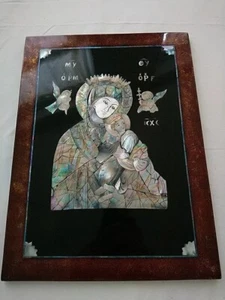 Orthodoxes Heiligenbild, Lackbild mit Perlmutt-Intarsien, Madonna mit Jesuskind - Bild 1 von 6