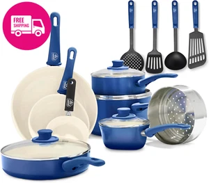 16-Piece Soft Grip Ceramic Nonstick Cookware Set PFAS-Free Blue Frying Pans - Picture 1 of 12