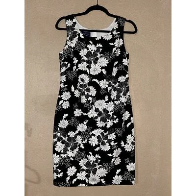 Vestido Charter Club Preppy Academia Negro Blanco Floral Sin Mangas Forrado Algodón Foto 1 de 4