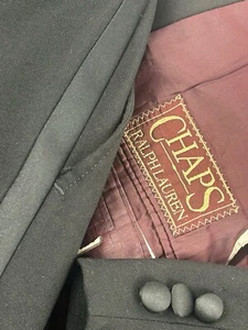 Chaps Ralph Lauren Tuxedo Peak Lapel Mens Suit 42.S 36X28 Adjust Bars Black - Picture 1 of 24