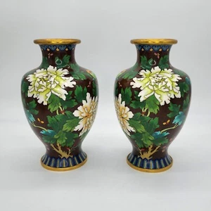 Pair Cloisonne 9.5" Vases Enhanced With White Flowers Cherry Blossoms Gold Fleck - Picture 1 of 10