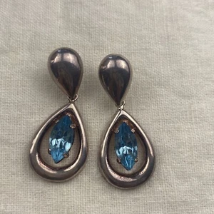 Sterling Silver 925 Italy Marquise Blue Stone Tear Drop Dangle Earrings 10g - Picture 1 of 9