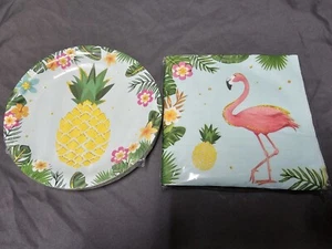 Hawaiian Pineapple And Flamingo Party Plates 7in And Napkins 6.5in - Picture 1 of 5