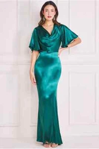Goddiva Dress Women's Cowl Neck Maxi Train V-Back Tie Gown Viscose Emerald 14 UK - Picture 1 of 5