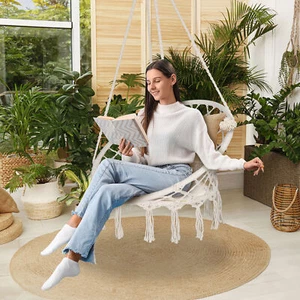 Beige Hammock Chair Hanging Cotton Rope Macrame Swing Perfect for Outdoor Indoor - Picture 1 of 18