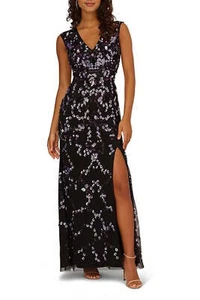 Adrianna Papell Beaded V Neck Cap Sleeve Front Slit Gown - Picture 1 of 1