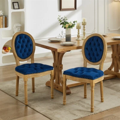 Juego retro de 2 sillas de comedor tapizadas de terciopelo de madera maciza estilo francés-azul Foto 1 de 4
