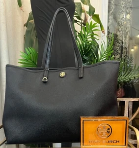 TORY BURCH BLACK STEFANO LEAHTER ROBINSON LARGE TOTE - Picture 1 of 13