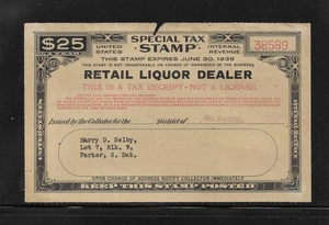 US Revenues; Special Tax Stamp; Retail Liquor Dealer; FYE 1935 - Picture 1 of 2