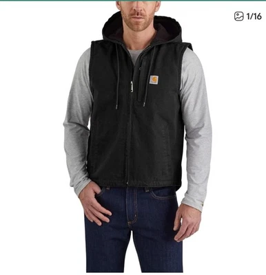 Carhartt Vest Mens Large Black Relaxed Fit Washed Duck Fleece Lined Hooded NWT - Image 1 of 4