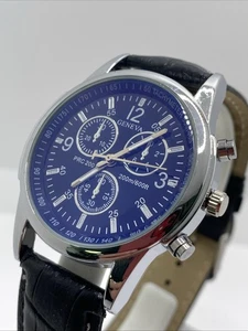 Orologio Geneva Tachy Uomo Quadrante Blu Argento Pelle Nera Quarzo Funzionante Batteria Nuova - Foto 1 di 6