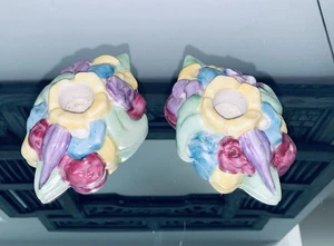 Vintage Fulper Keramik Paar Kerzenständer Pastell Blumen 1920 - Bild 1 von 7