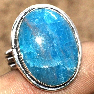 Anillo de apatita azul enchapado en plata 925 hecho a mano piedras preciosas hecho a mano EE. UU. 9,5 GW Foto 1 de 3