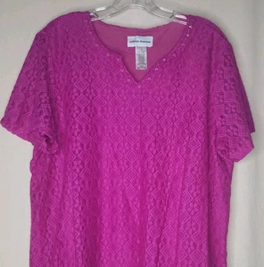 NWT Alfred Dunner Womens Sz L Pink Lace Short Sleeve Pullover Top Beaded Lined - Picture 1 of 8