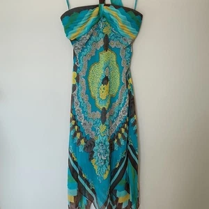Bcbgmaxazria Y2k Silk Halter Dress Blue Green Yellow Print Hankerchief Halter 8 - Picture 1 of 11