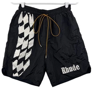 Men's Rhude Black White Drawstring Elastic Waistband Nylon Track Short sz Medium - Picture 1 of 8